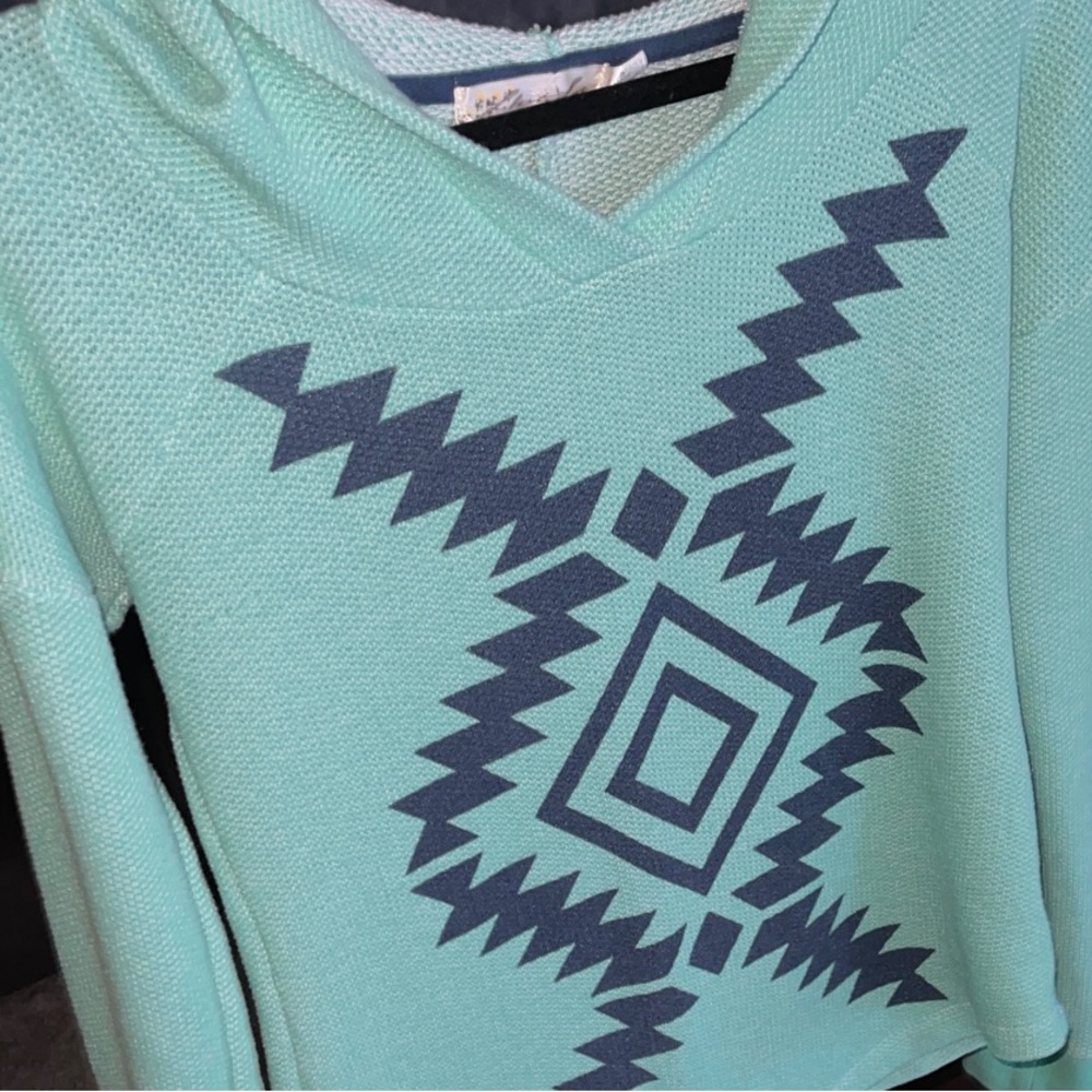 Liberty Love Mint V-Neck Sweater with Navy Geometric Design